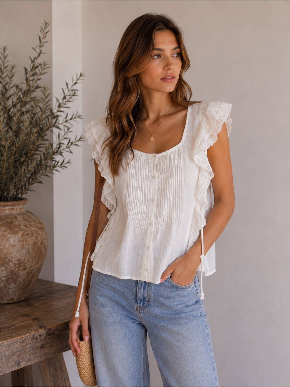 Vintage Jessica Simpson Cotton Feminine Ruffle Blouse Airy Cottagecore S